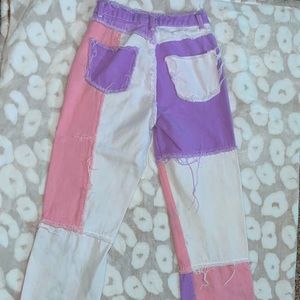 Pink/Purple/White straight leg patch work jeans